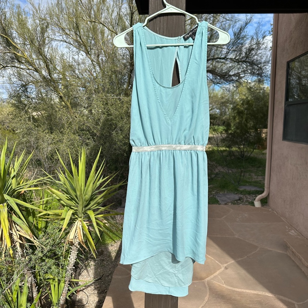 Gauzy blue Elizabeth and James dress with hi/low hemline and open back